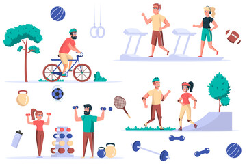 Fitness activity isolated elements set. Bundle of sportive people on treadmills, cycling or rollerblading, dumbbell exercises, gym workouts. Creator kit for vector illustration in flat cartoon design