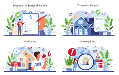 Real estate agency service set. Assistance in property selling, buyer