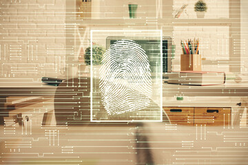 Double exposure of finger print and office interior background. Concept of security.