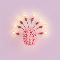 brain with light bulbs connected and illuminated