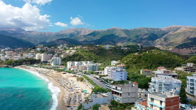 Birdseye view of Himara Beach and Adriatic Sea. Beautiful water Albania Riviera