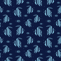 Seamless pattern of exotic coral reef fish. Underwater swimming animals in blue sea water. Tropical striped fish. vector cartoon illustration