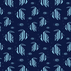 Poster Meerestiere Nahtloses Muster von exotischen Korallenrifffischen. Unterwasserschwimmtiere im blauen Meerwasser. Tropischer gestreifter Fisch. Vektor-Cartoon-Illustration