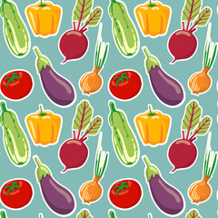 seamless pattern of different vegetables. Vegan healthy food. Harvest organic healthy food. Vector background