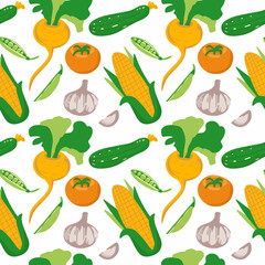 seamless pattern of different vegetables. Vegan healthy food. Harvest organic healthy food. Vector background
