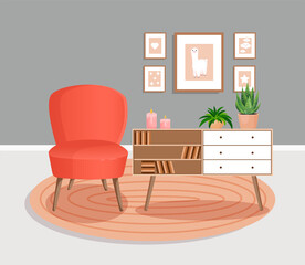 Cute gray interior with modern furniture and plants. Design of a cozy living room with soft chair, plants, pictures, carpet, dressers and books. Vector flat style illustration.