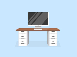 Comfortable workspace with a computer and a table on an isolated blue background for home office, cabinet, remote work, freelancing, teaching. Vector illustration in flat cartoon style.