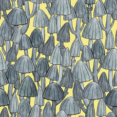 Mushrooms seamless pattern. Hand-drawn watercolor mushrooms, autumn forest.