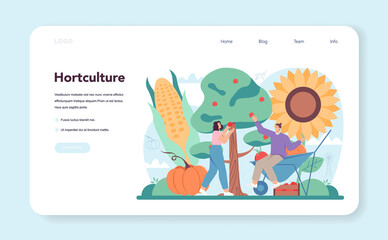 Farmer web banner or landing page. Farm worker growing plants