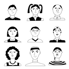 Vector set of portraits of people. Cartoon funny minimalistic female and male characters. Drawings of people's faces with different emotions and moods. Avatar for social networks