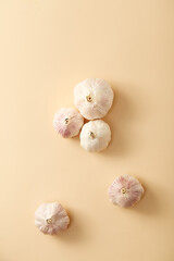 Garlic on beige pastel background. Topview, flatlay. Vegetable 