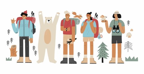 People camping flat vector illustrations. Tourists,  travelers cartoon characters. Adventure trip vector illustrations.