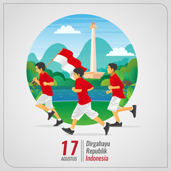 Indonesian Independence Greetings Card with kids running carrying national flag