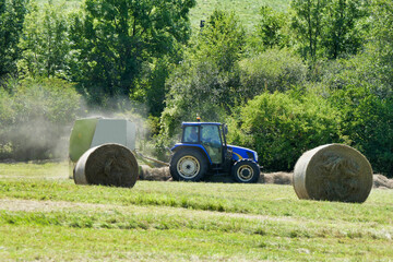 Tractor pulling a baler over lines of dry cut hay to make hay bales for animal fodder
