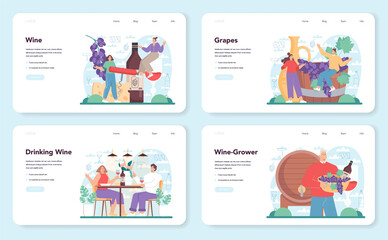 Fototapeta premium Wine web banner or landing page set. Grape wine in a bottle