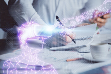 Double exposure of AR glasses drawing over people taking notes background. Concept of VR