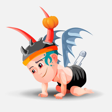 A Demonic Baby In A Hat With Horns And A Black Diaper Is Crawling On The Floor. Little Boy Dressed For Halloween Party. Cartoon Vector Character On White Background. Isolated