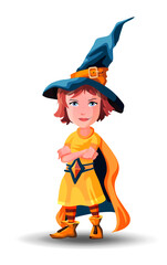 Little witch girl stands with folded hands. Little wizard girl stands with folded hands. Child dressed as a wizard for Halloween. Cartoon vector character on white background. Isolated