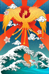 Abstract Art Flying Phoenix with Water Splash with Moving Cloud with Scattering Sakura Flower and the Torrential wave with Carp KOI Fish below on Water Wave Pattern Template Design for Wrapping Paper