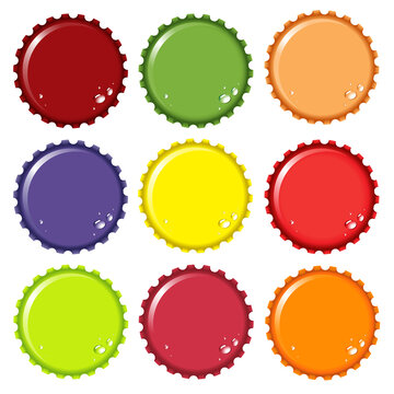 A vector illustration of metal bottle tops in various colours, with condensation water drops. Space for your text