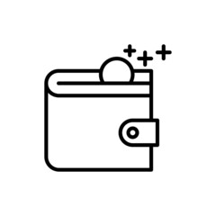 Wallet with coin flying inside thin line icon. Symbol of social benefits for refugee, pensioners, disabled. Modern vector illustration.