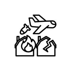 War thin line icon, airplane throws off a bomb on house in fire. Modern vector illustration.