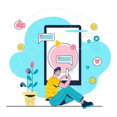 Man near big smartphone chatting, reading news and texting message to friends. Online communication and smartphone usability, flat cartoon vector illustration isolated on white background.