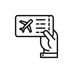 One way ticket on airplane in hand thin line icon. Modern vector illustration.