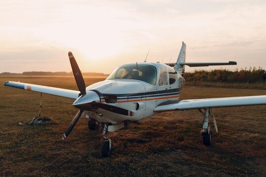 RUSSIA, MOSCOW - AUGUST 1, 2020: Small private single engine propeller airplane at regional airport.