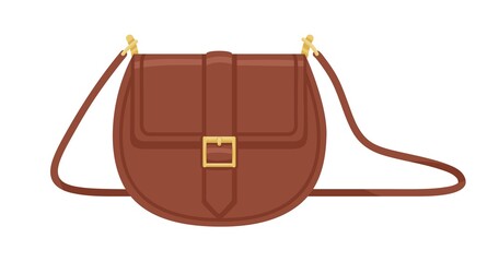 Women fashion crossbody saddle bag with shoulder strap. Modern small leather flap handbag with golden buckle. Stylish female accessory. Flat vector illustration isolated on white background