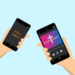 Vector illustration of christian people listen to worship song and read a bible on mobile phone.Mobile app for religious broadcast.