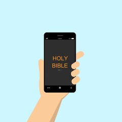 Vector illustration of christian people read a bible on mobile phone .Mobile app for religious broadcast.