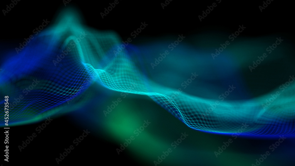 Wall mural modern blue technology wave. led soft focus background. neon light big data.