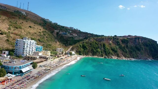 Birdseye view of Himara Beach and Adriatic Sea. Beautiful water Albania Riviera