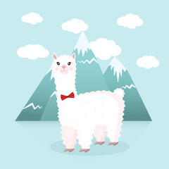 Cute llama or alpaca with a man's bow tie on a background of mountains and clouds. Vector illustration for greeting card, poster, texture, textile, decor. Cartoon character.