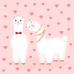 Vector illustration with a loving couple on a pink background with hearts. Suitable for baby texture, textile, fabric, poster, Valentines day card, decor. Cute alpaca from Peru.