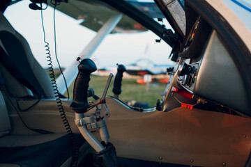 RUSSIA, MOSCOW - AUGUST 1, 2020: Cockpit view from small private single motor airplane.