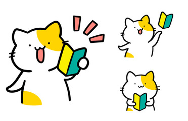 Naklejka premium 初心者マークを持つねこのキャラクターのイラストセット