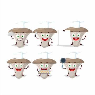 Cartoon character of oyster mushrooms with various chef emoticons