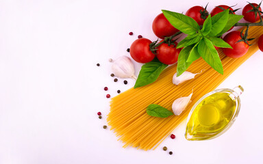 Ingredients for Italian pasta on a white background. Copy space.