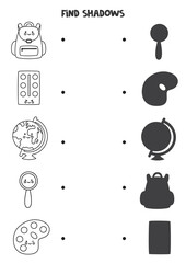 Find the correct shadows of black and white school supplies. Logical puzzle for kids.