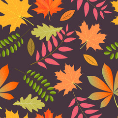 Fototapeta na wymiar Autumn seamless background. Bright leaves on a dark background.