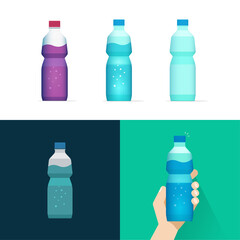 Soda mineral water bottle vector isolated set with juice lemonade drink beverage color liquid bottled set flat cartoon illustration clipart