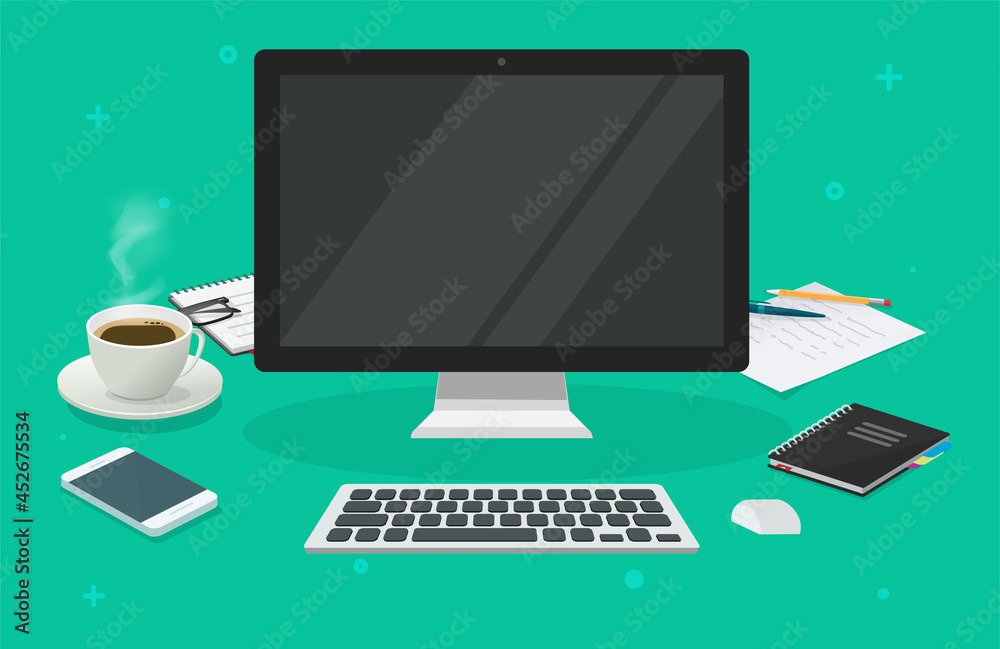 Wall mural workplace table desk with computer blank empty screen for copy space vector 3d cartoon illustration,