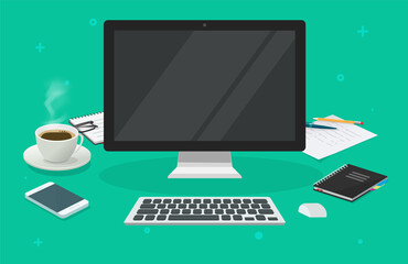 Workplace table desk with computer blank empty screen for copy space vector 3d cartoon illustration, work place for education or office with pc display for presentation modern