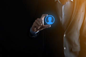 Businessman in suit holding out hand icon of user. Internet icons interface foreground. global network media concept,contact on virtual screens ,copy space