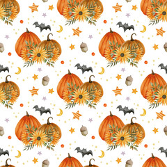 Watercolor seamless pattern for happy halloween, autumn, hello october.