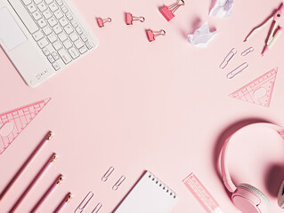 Girly office equipment placed as a frame on a pastel pink background. Pink headphones, rulers, notebook, clips, pens, and keyboard. Creative school or office concept. Flat lay with blank copy space.
