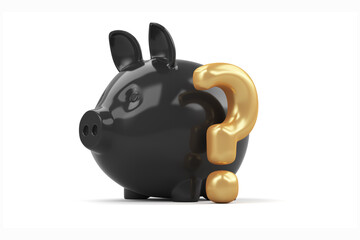 Black pig piggy bank and gold question mark on a white background. 3d render illustration.