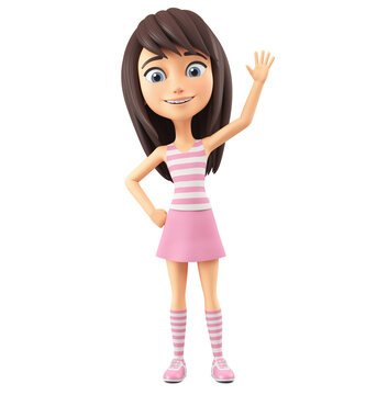 Cartoon character beautiful girl in striped t-shirt waving hand on white isolated background. 3d render illustration.